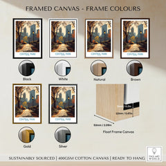 Central Park wall art framed canvas print with six frame color options: black, white, natural, brown, gold, silver.