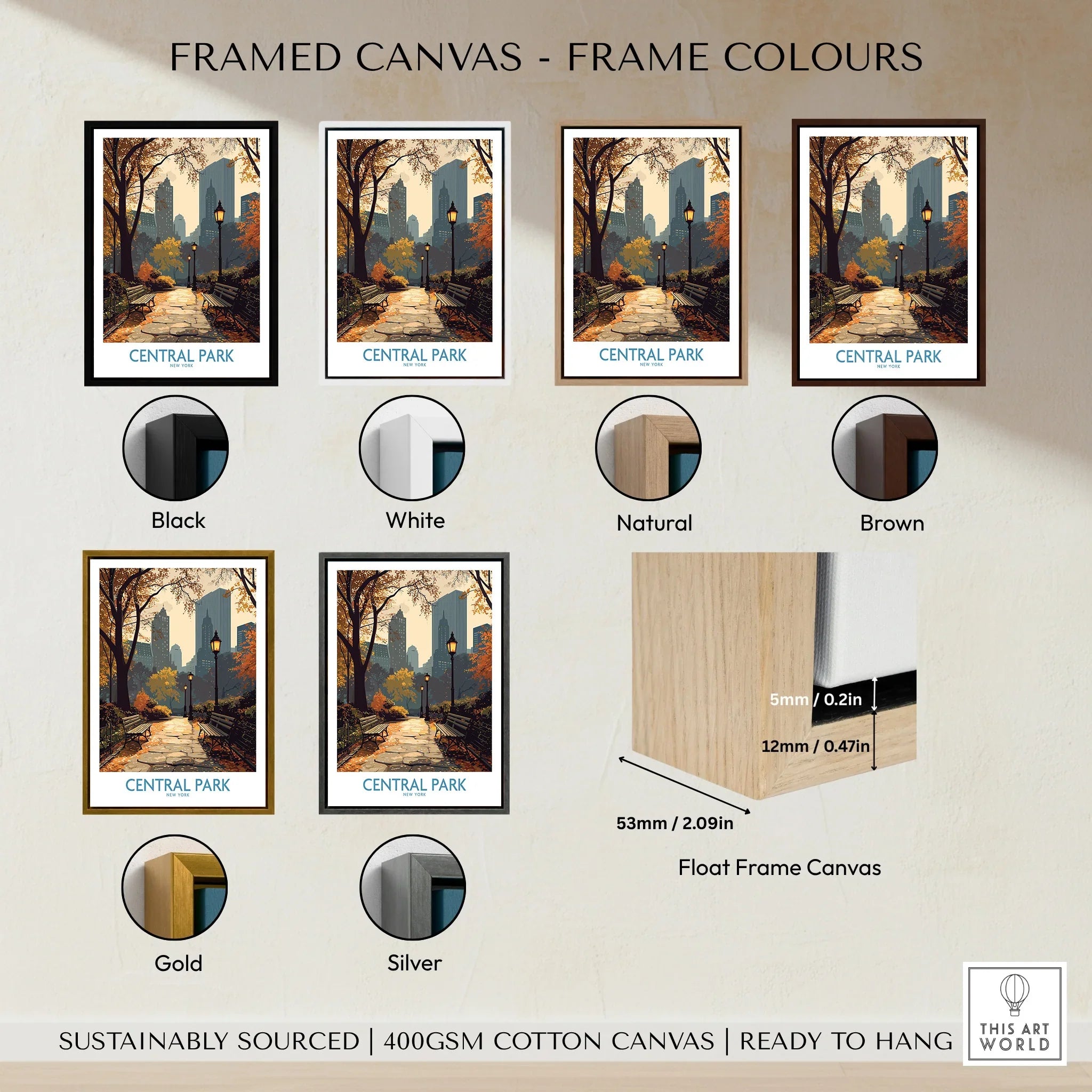 Central Park wall art framed canvas print with six frame color options: black, white, natural, brown, gold, silver.