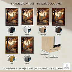 Central Park wall art print in six frame color options, including black, white, natural, brown, gold, and silver, showcasing an autumn park scene.