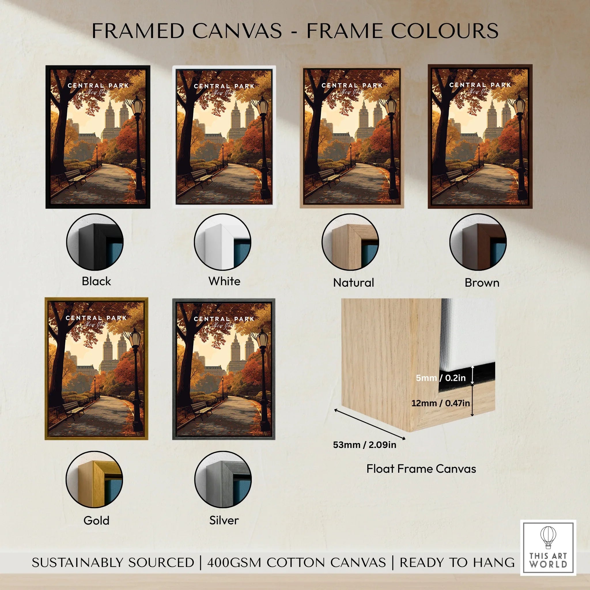 Central Park wall art print in six frame color options, including black, white, natural, brown, gold, and silver, showcasing an autumn park scene.