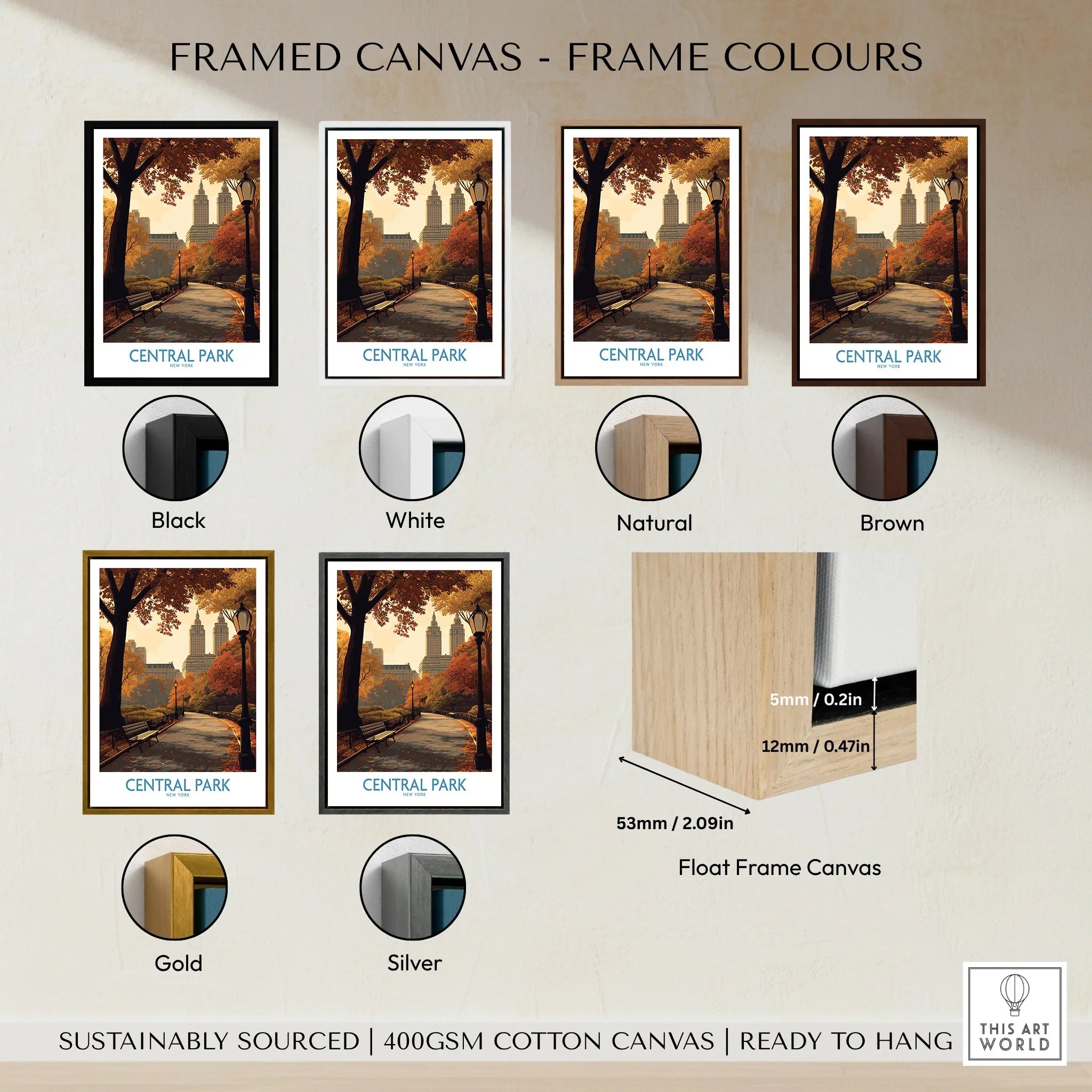 Central Park art print in six frame color options: black, white, natural, brown, gold, silver.