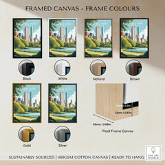Central Park wall art cityscape poster in six frame color options: black, white, natural, brown, gold, silver.