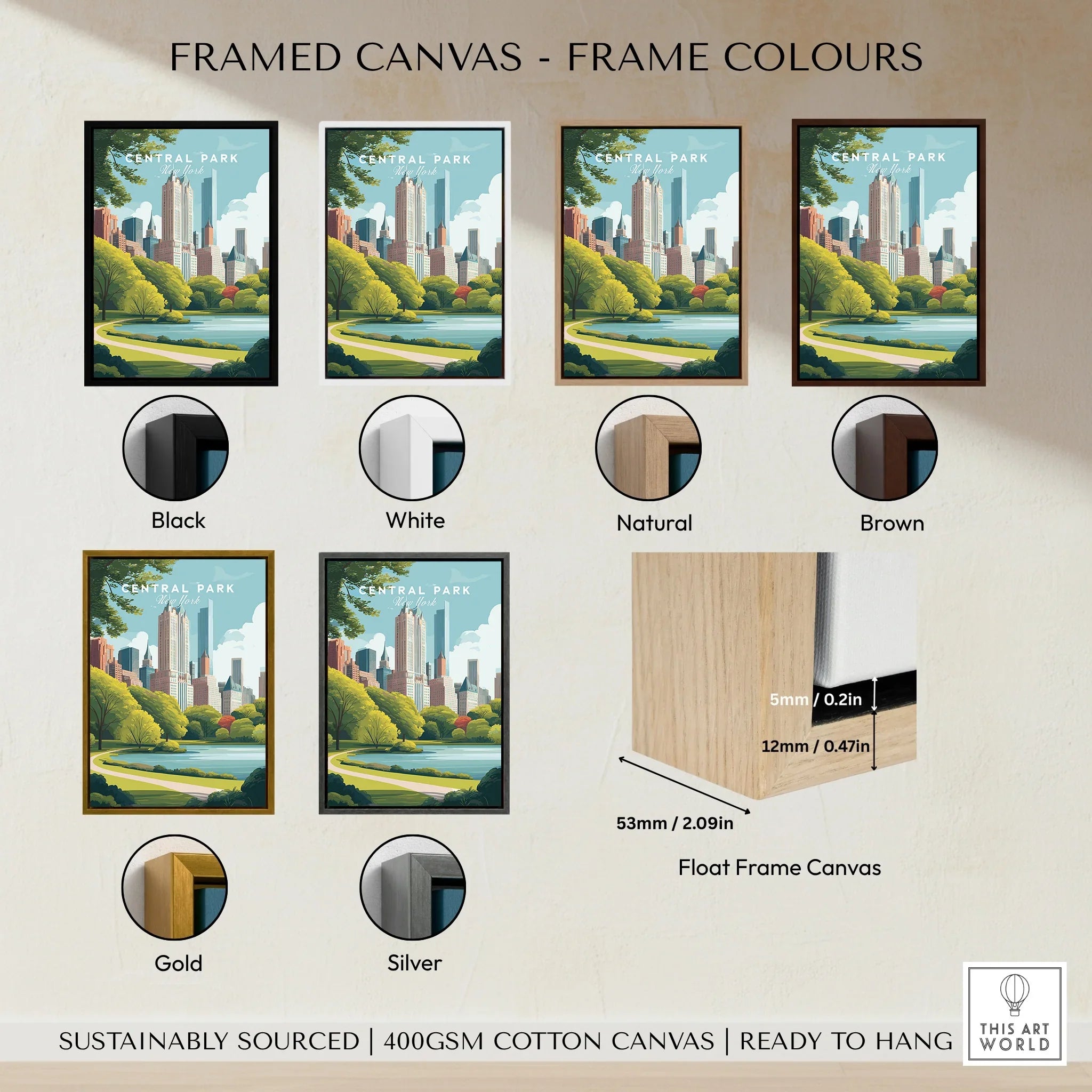 Central Park wall art cityscape poster in six frame color options: black, white, natural, brown, gold, silver.