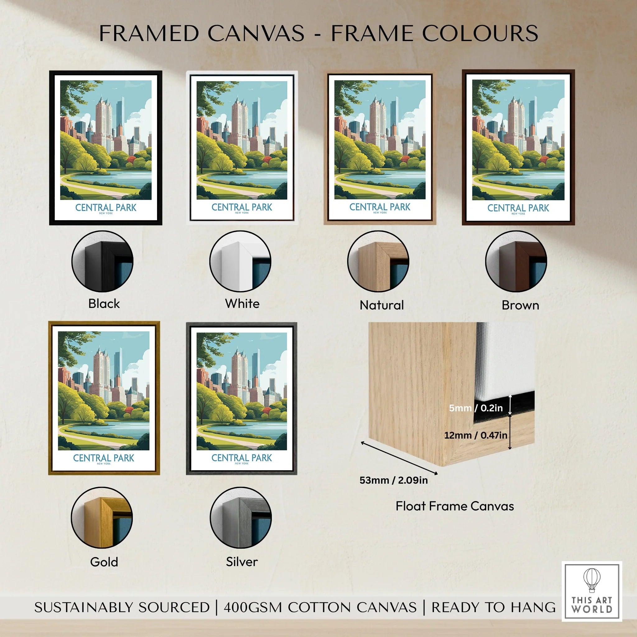 Central Park cityscape wall art with six frame color options and float frame detail
