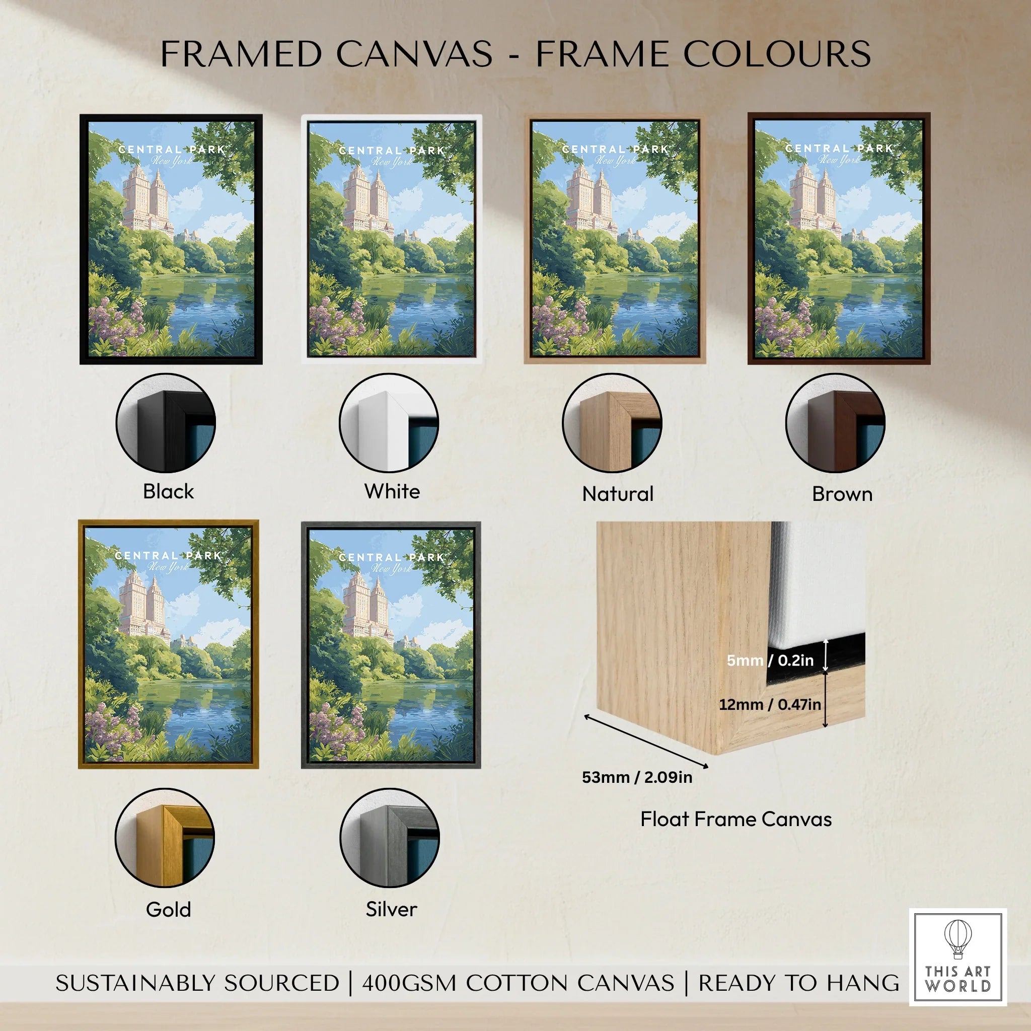 Central Park framed canvas wall art in six frame colors, float frame detail shown