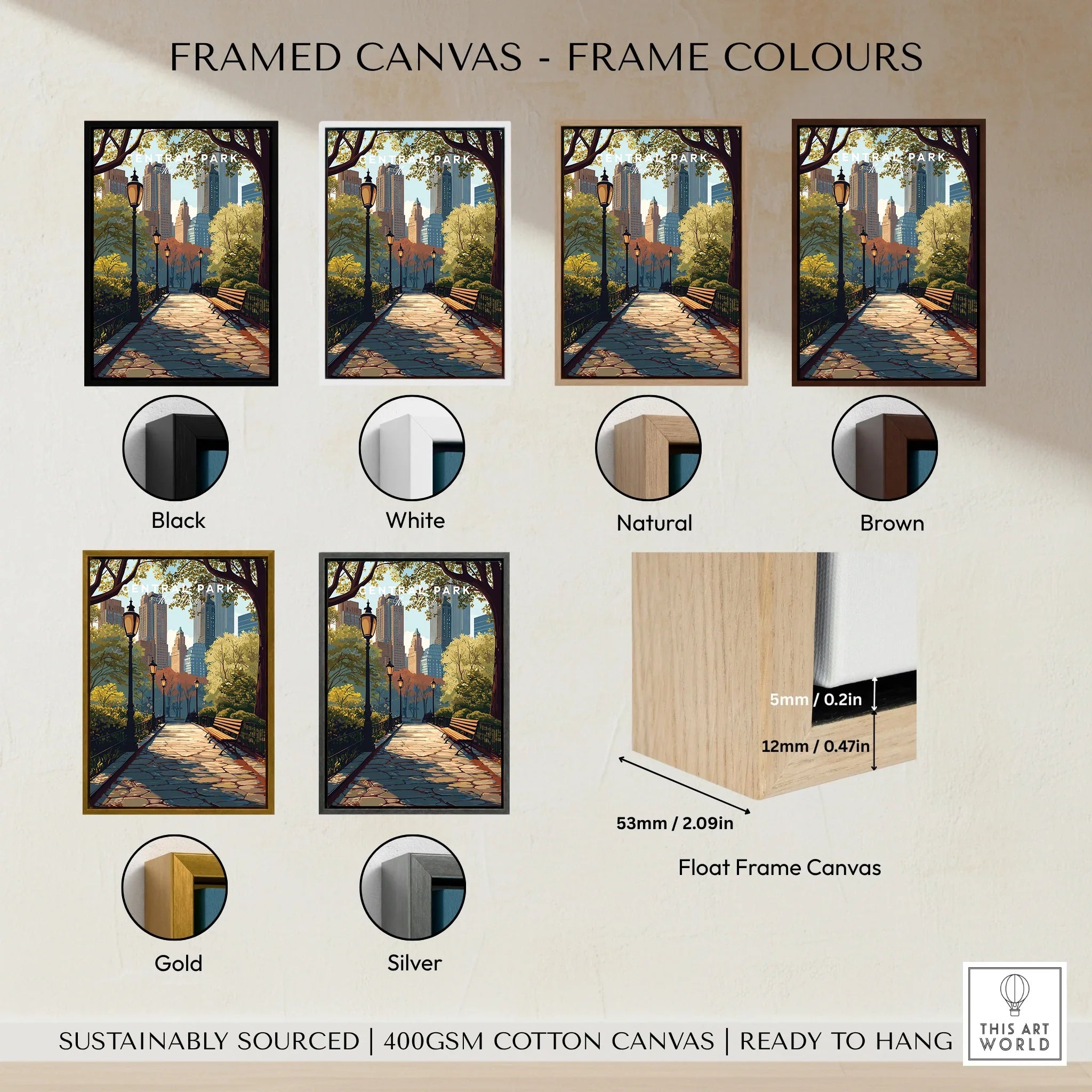 Framed Central Park canvas wall art showing frame color options: black, white, natural, brown, gold, silver.