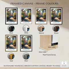 Central Park framed canvas wall art with six frame color options and float frame detail