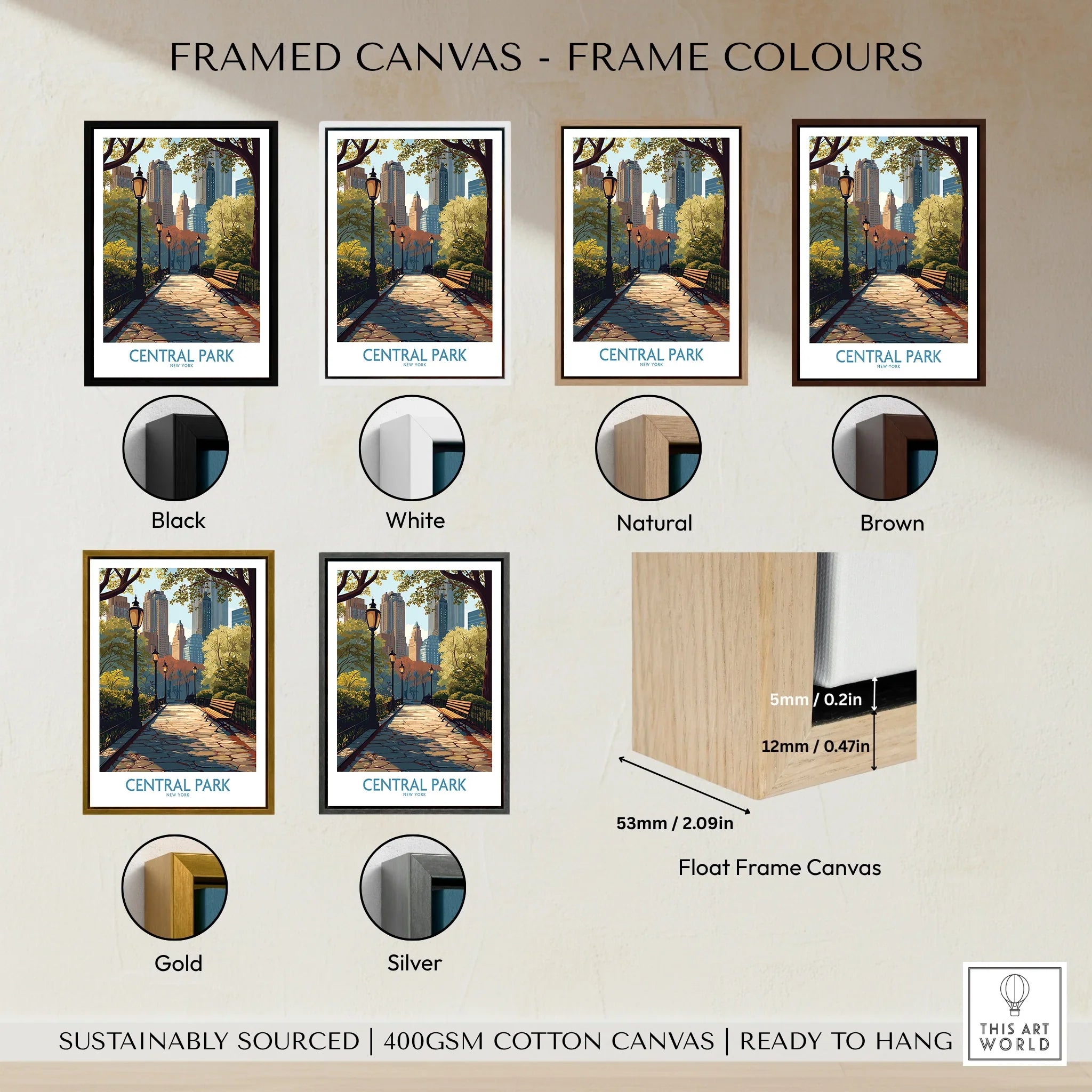 Central Park framed canvas wall art with six frame color options and float frame detail