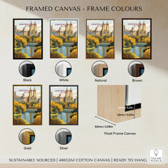 Central Park New York framed canvas wall art in six frame colors: black, white, natural, brown, gold, silver, shown above a diagram detailing float frame canvas dimensions.