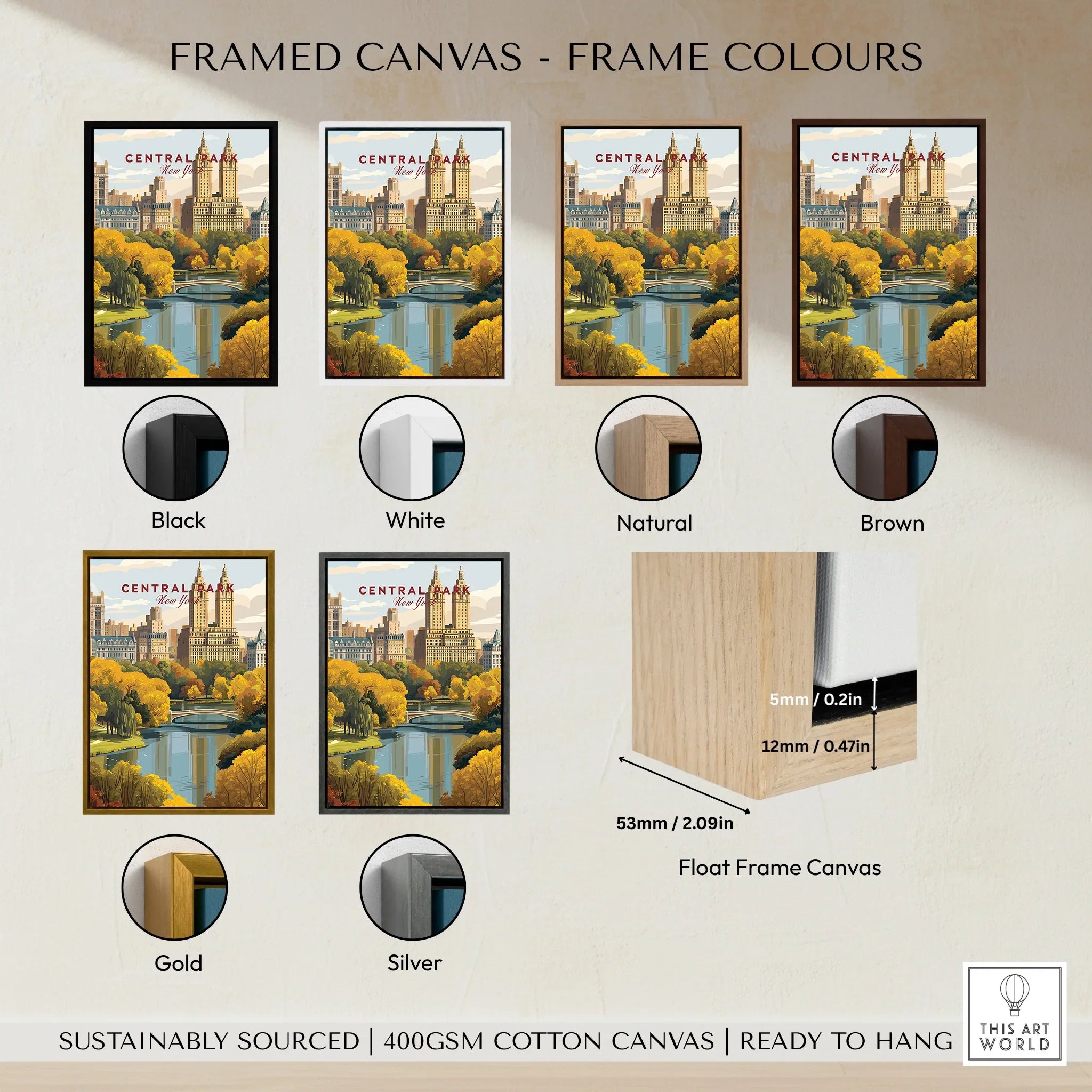 Central Park New York framed canvas wall art in six frame colors: black, white, natural, brown, gold, silver, shown above a diagram detailing float frame canvas dimensions.