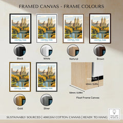 Central Park skyline framed wall art, six frame color options, float frame canvas detail