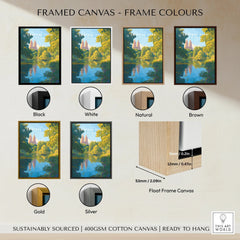 Central Park travel poster wall art in framed canvas with six frame color options: black, white, natural, brown, gold, and silver, plus float frame canvas detail.