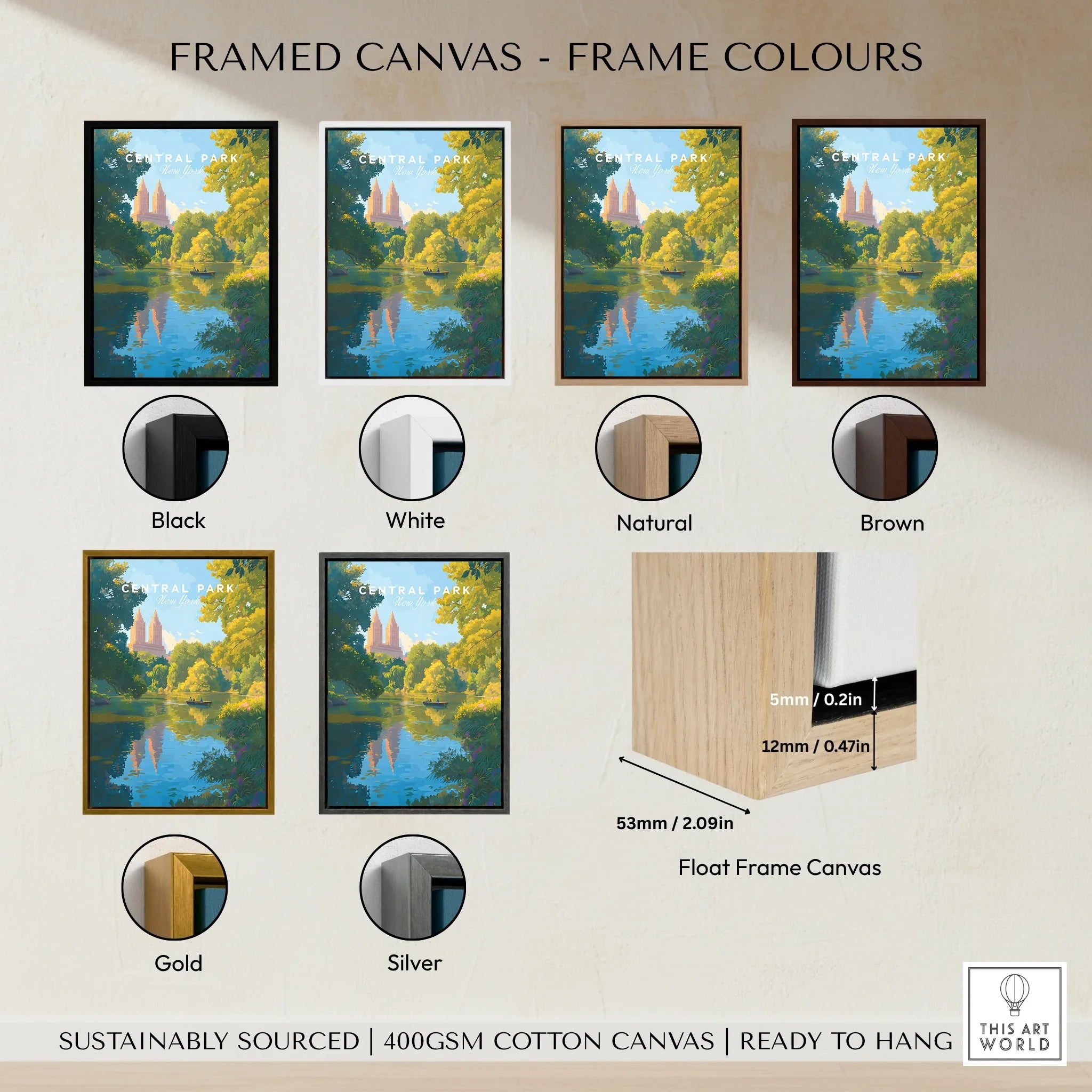 Central Park travel poster wall art in framed canvas with six frame color options: black, white, natural, brown, gold, and silver, plus float frame canvas detail.