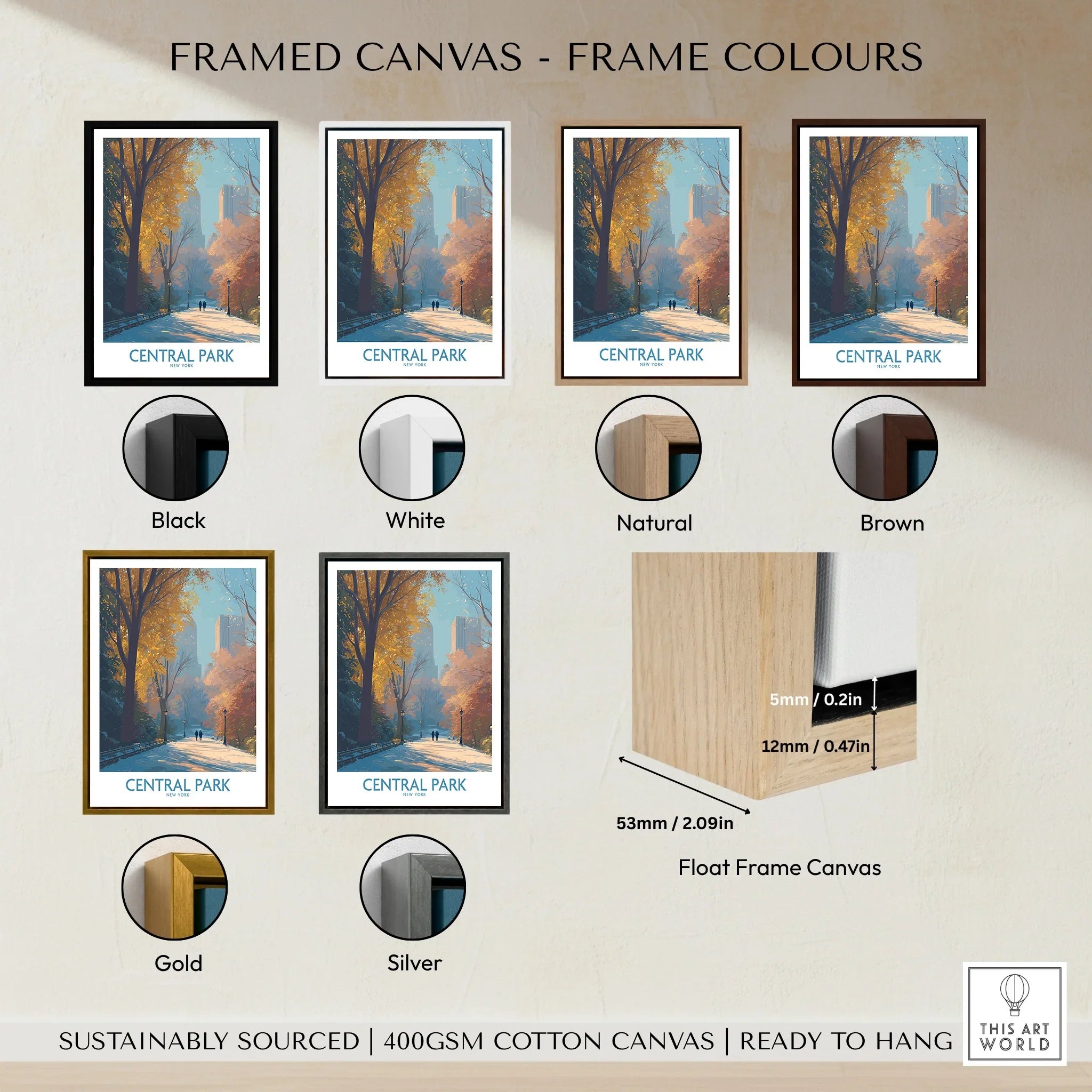 Central Park wall art print in framed canvas with six frame color options: black, white, natural, brown, gold, silver.