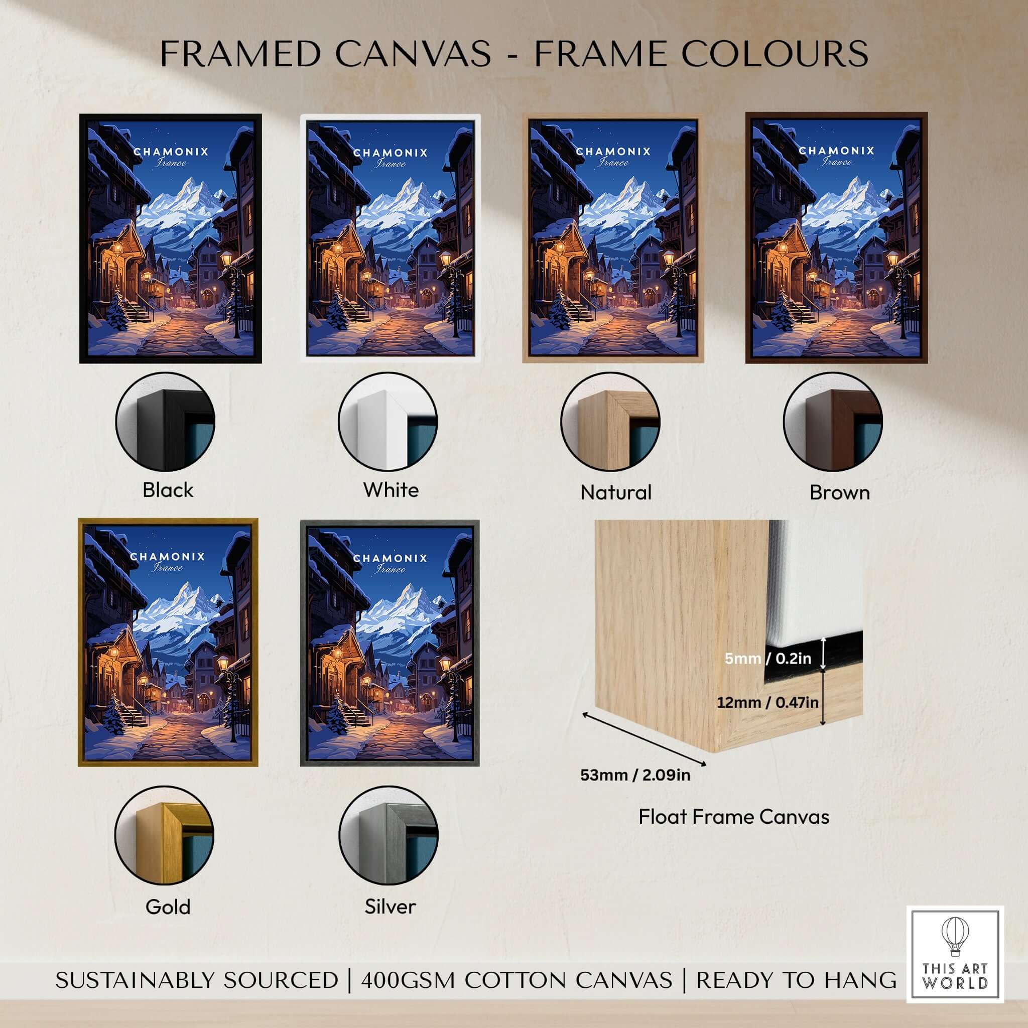Chamonix Poster framed canvas options in various colors including black, white, natural, brown, gold, and silver.