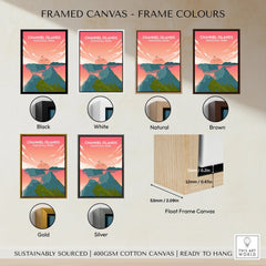 Channel Islands National Park framed canvas print in six frame colour options: black, white, natural, brown, gold, silver, with float frame detail diagram.