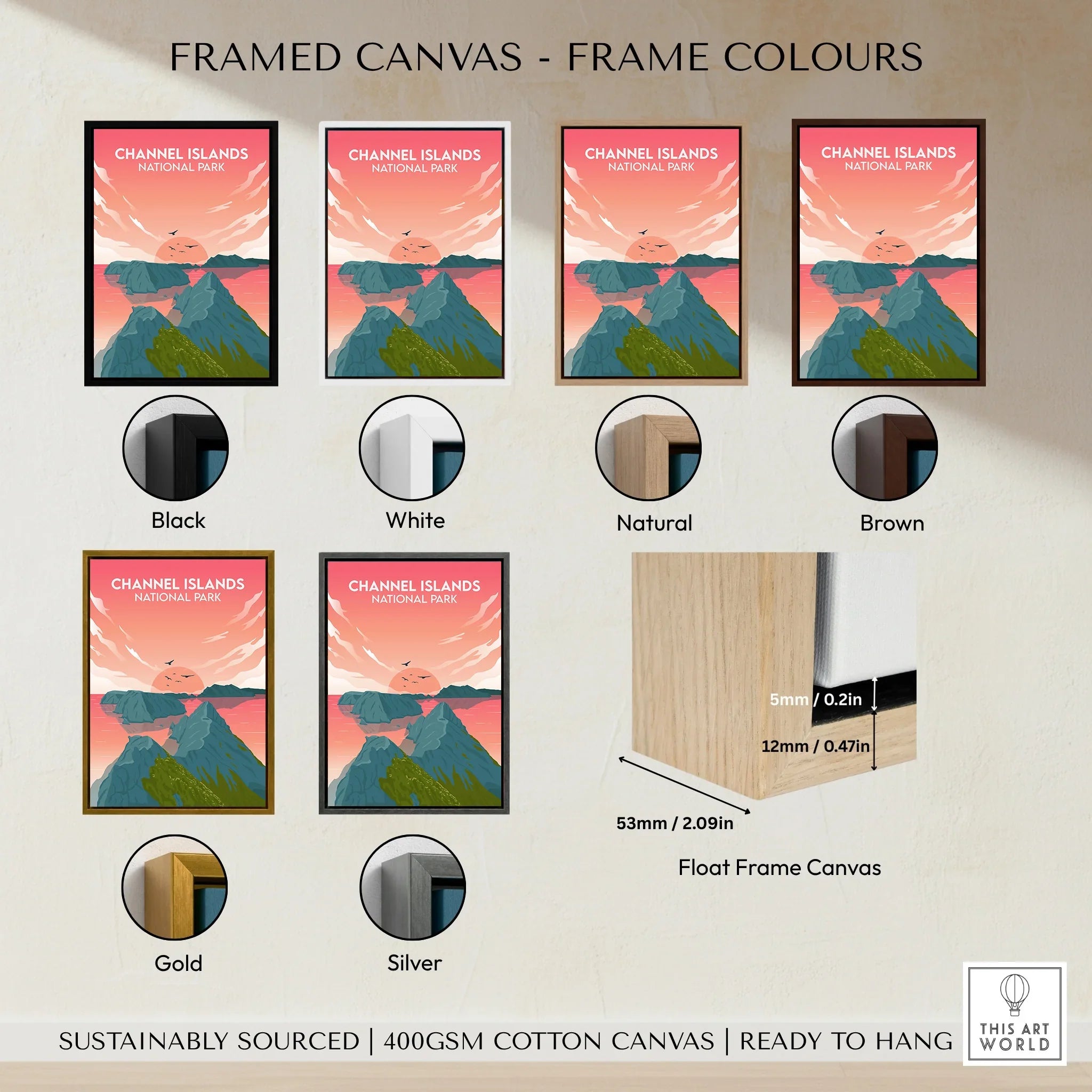Channel Islands National Park framed canvas print in six frame colour options: black, white, natural, brown, gold, silver, with float frame detail diagram.