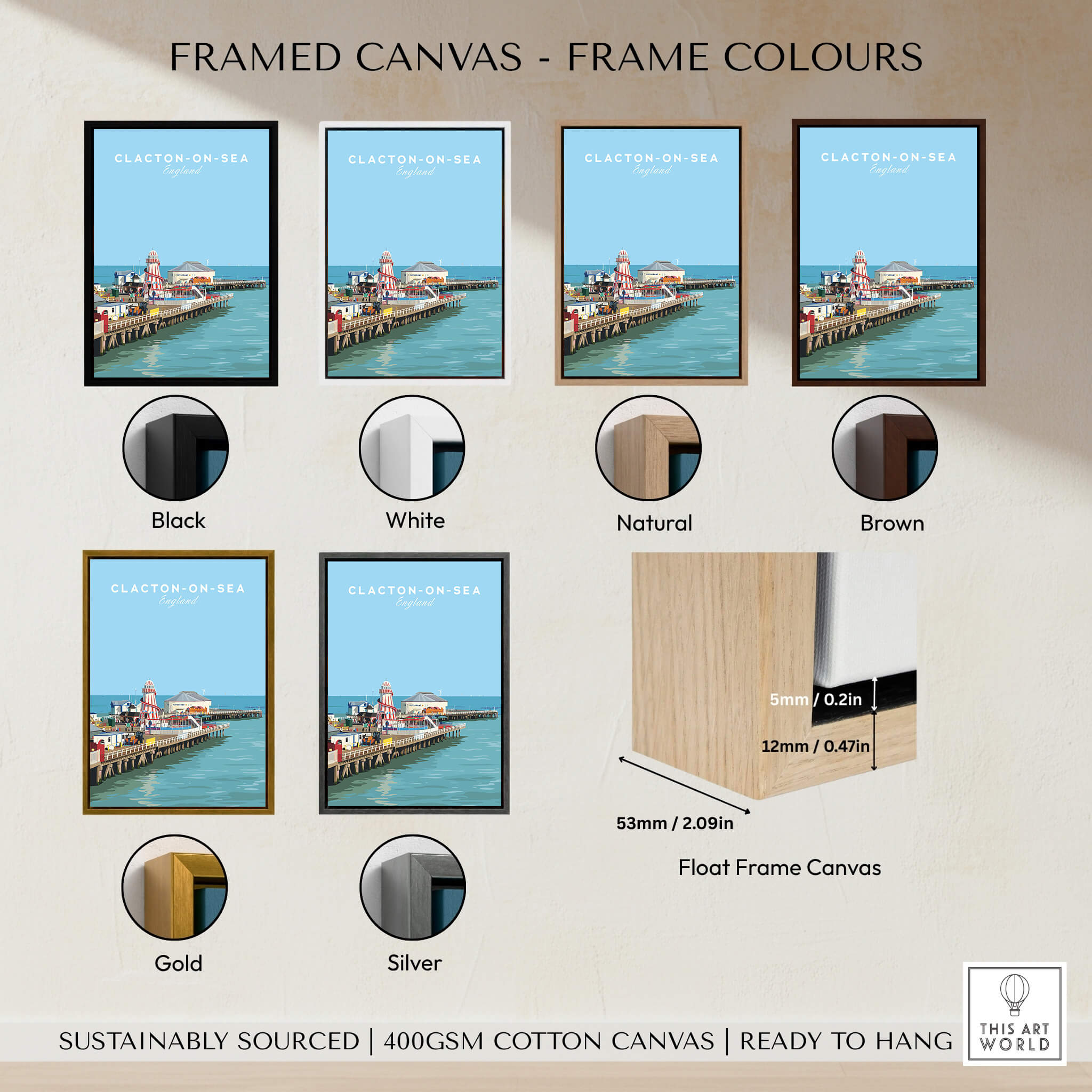 Clacton-on-Sea Travel Poster – Historic Pier Art Print displayed in various frame colors including black, white, natural, brown, gold, and silver.