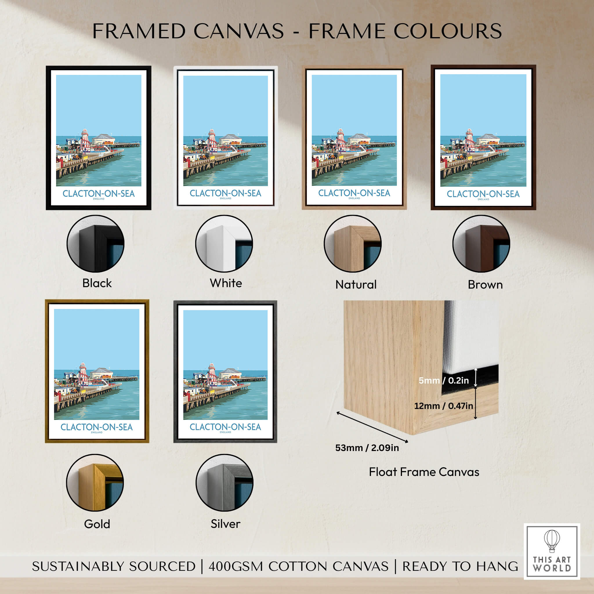 Clacton-on-Sea England Wall Art – British Seaside Decor framed canvas options in various colors.