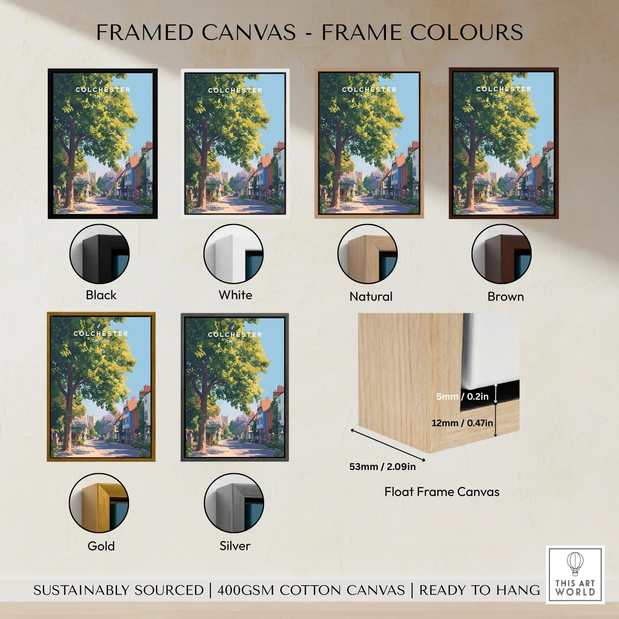 Colchester travel poster framed canvas options in black, white, natural, brown, gold, and silver.