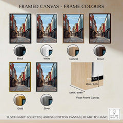 Framed Colchester canvas wall art in black, white, natural, brown, gold, silver frame options