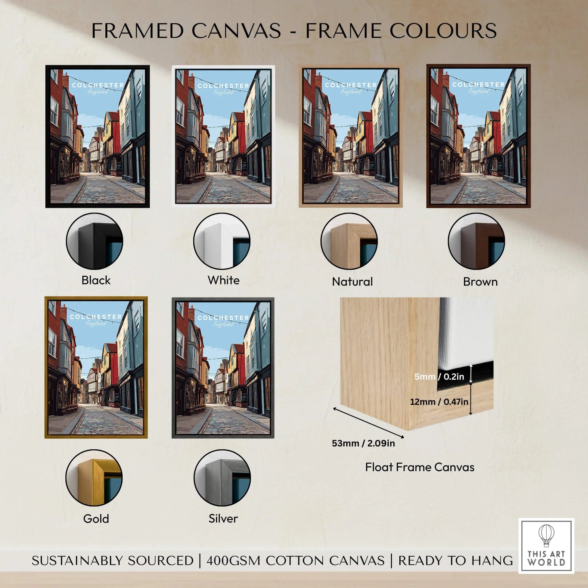 Framed Colchester canvas wall art in black, white, natural, brown, gold, silver frame options