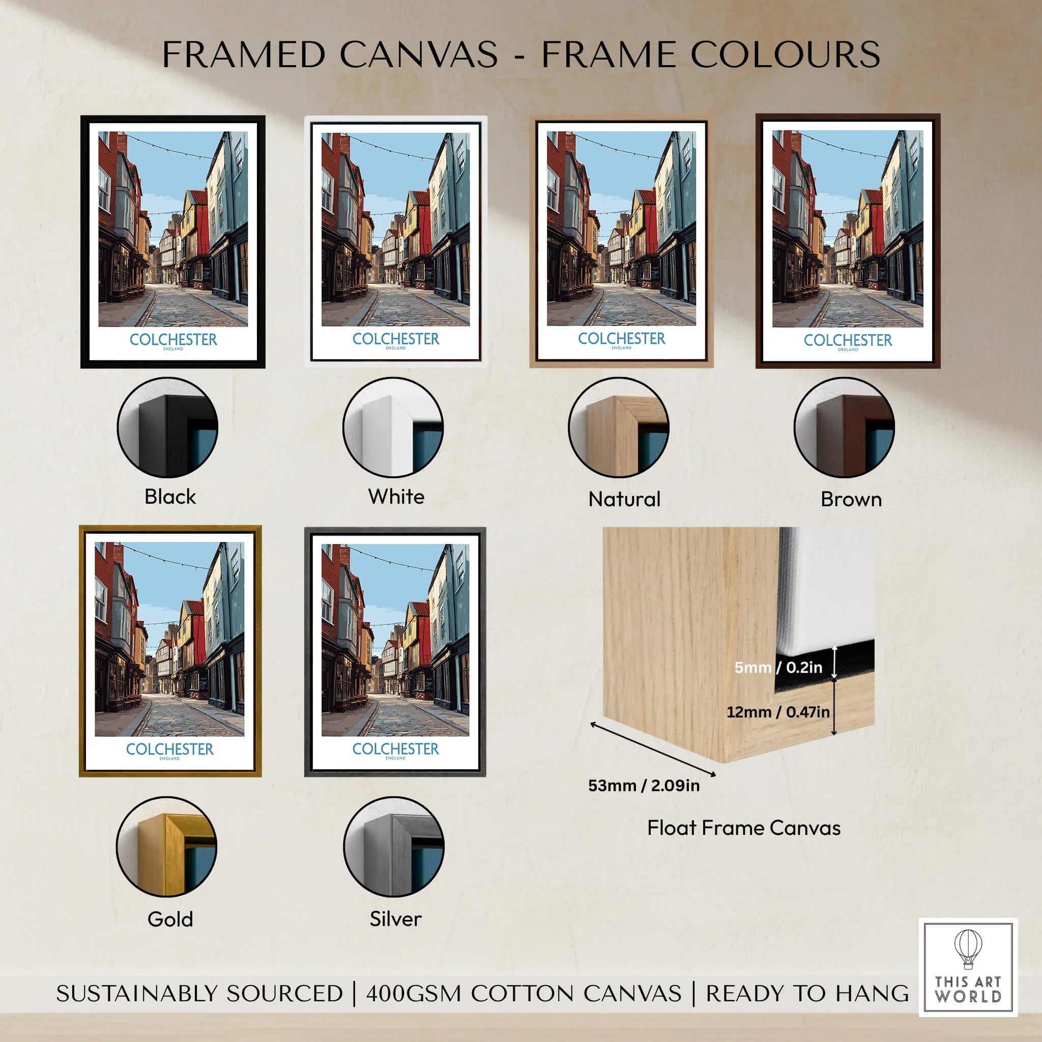 Colchester travel poster framed canvas in black, white, natural, brown, gold, and silver frame options.