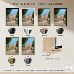 Colchester framed canvas wall art showing six frame color options: black, white, natural, brown, gold, and silver, with float frame detail.