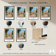 Colchester travel poster wall art with six canvas frame color options including black, white, natural, brown, gold, and silver.