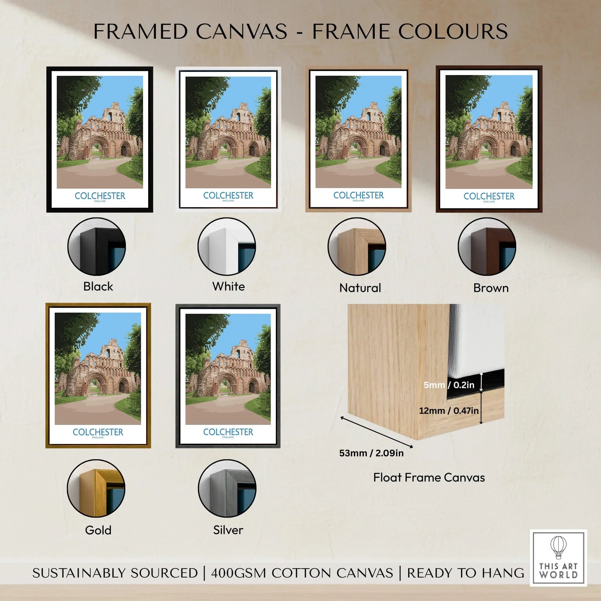 Colchester travel poster wall art with six canvas frame color options including black, white, natural, brown, gold, and silver.