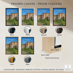 Framed Colchester travel poster canvas in black, white, natural, brown, gold, and silver frame colour options with float frame close-up.