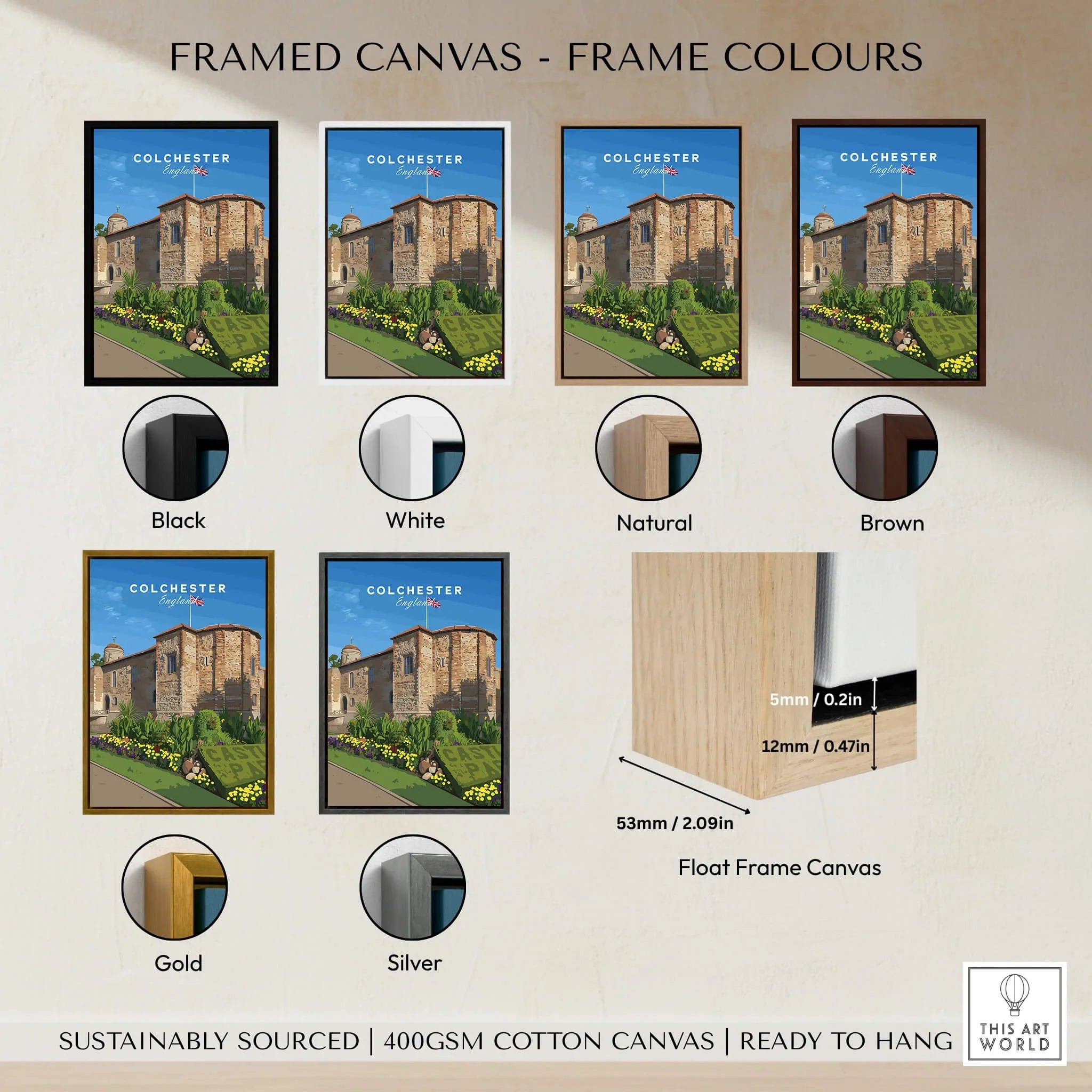 Framed Colchester travel poster canvas in black, white, natural, brown, gold, and silver frame colour options with float frame close-up.