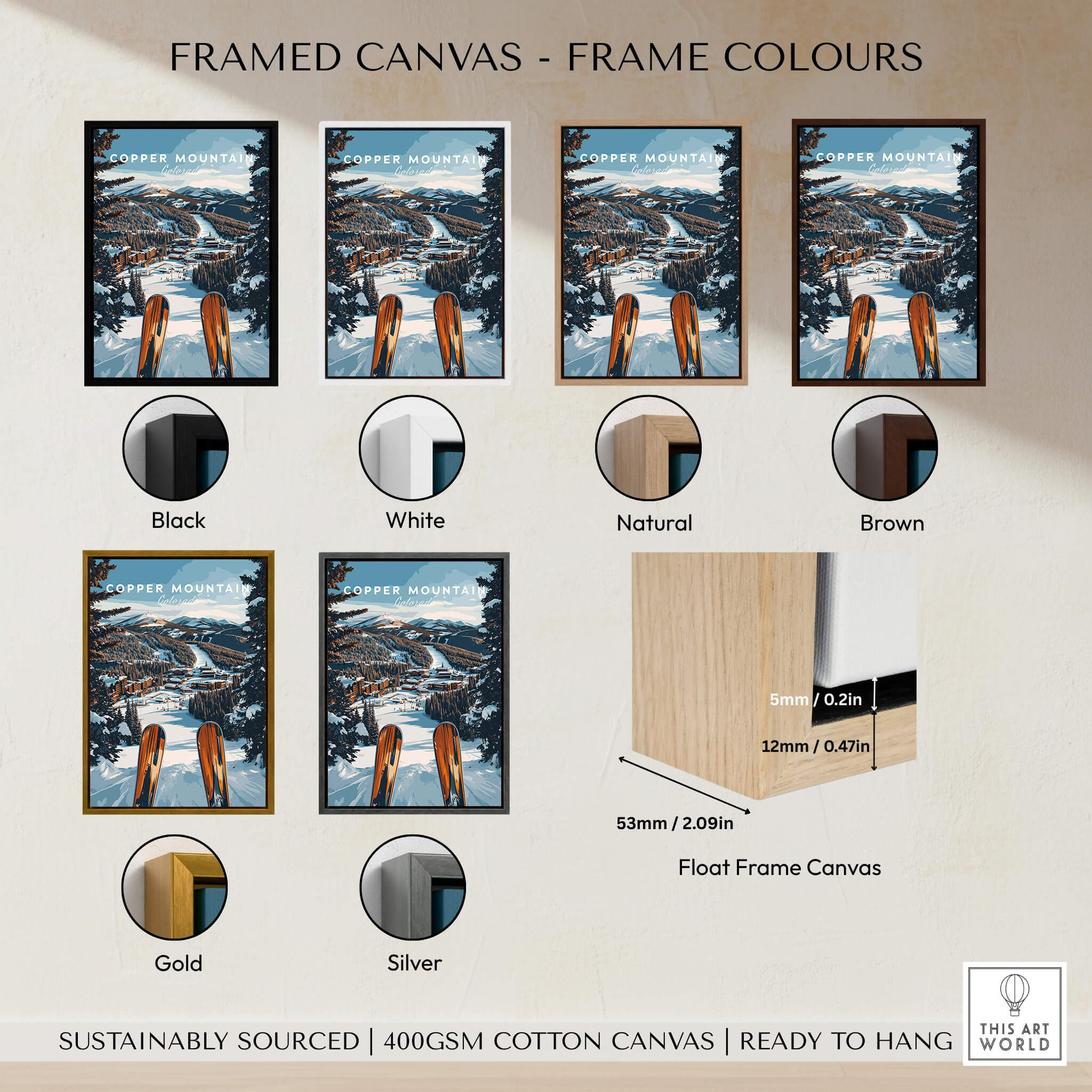 Framed Copper Mountain Ski Print in various frame colors including black, white, natural, brown, gold, and silver.