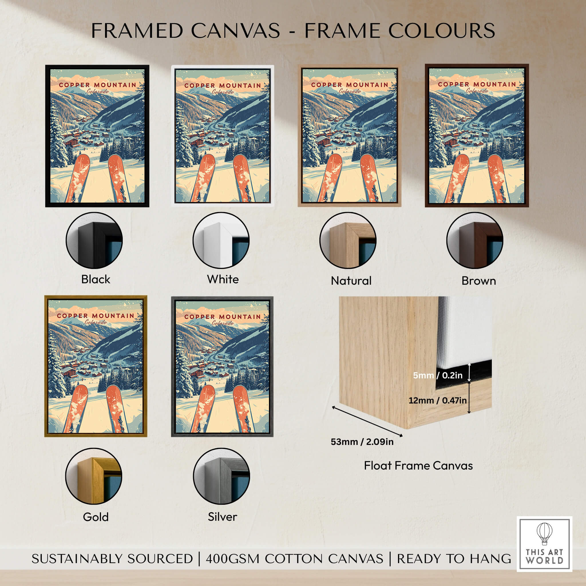 Framed Copper Mountain Travel Poster – Sunset Ski Slopes available in black, white, natural, brown, gold, and silver frames.
