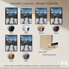 Framed canvas options for Ski Print Copper Mountain Colorado, showcasing various frame colors and sustainable design.