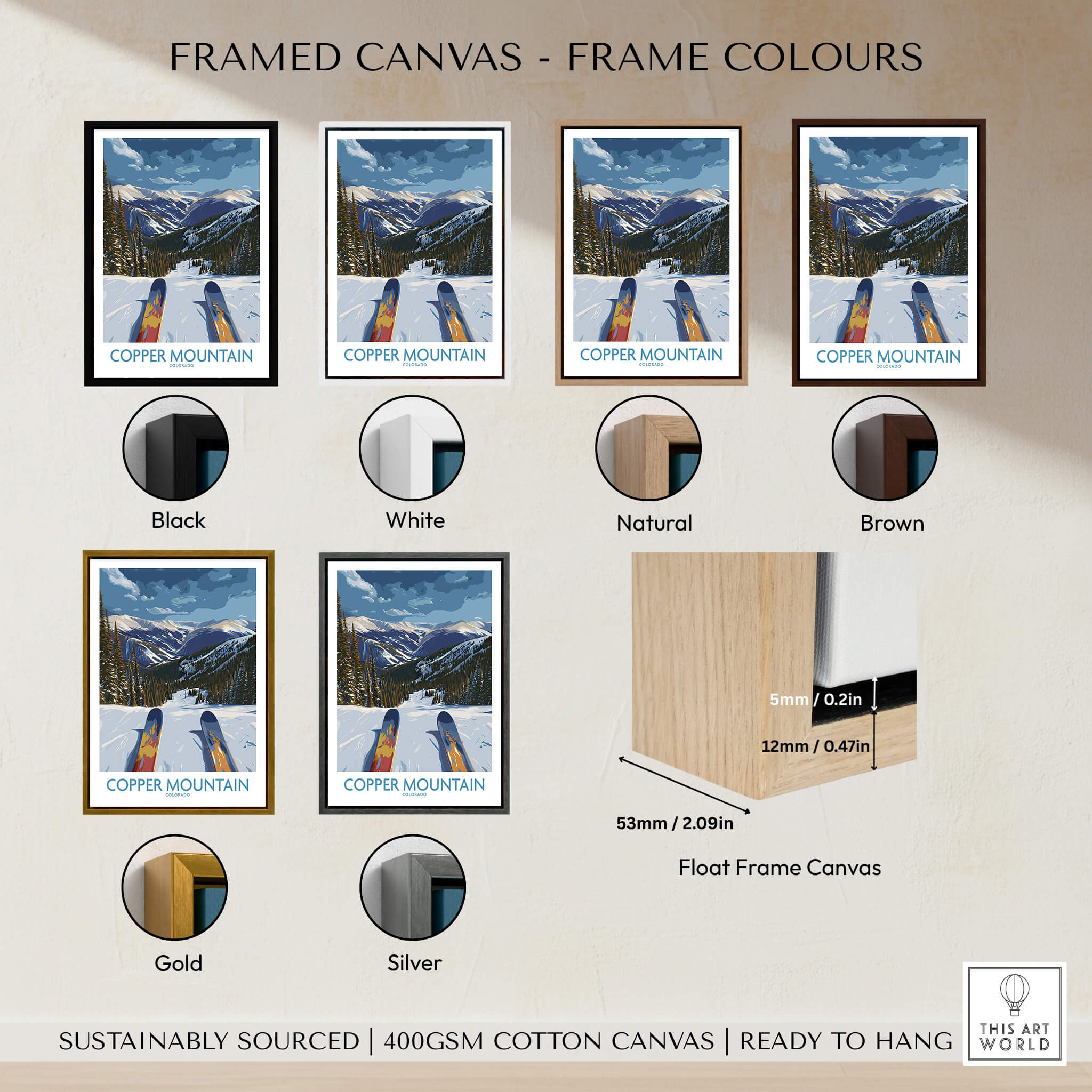 Framed Canvas - Frame Colours for Copper Mountain Colorado Wall Art – Snowy Peak Winter Sports Print, available in multiple colors.
