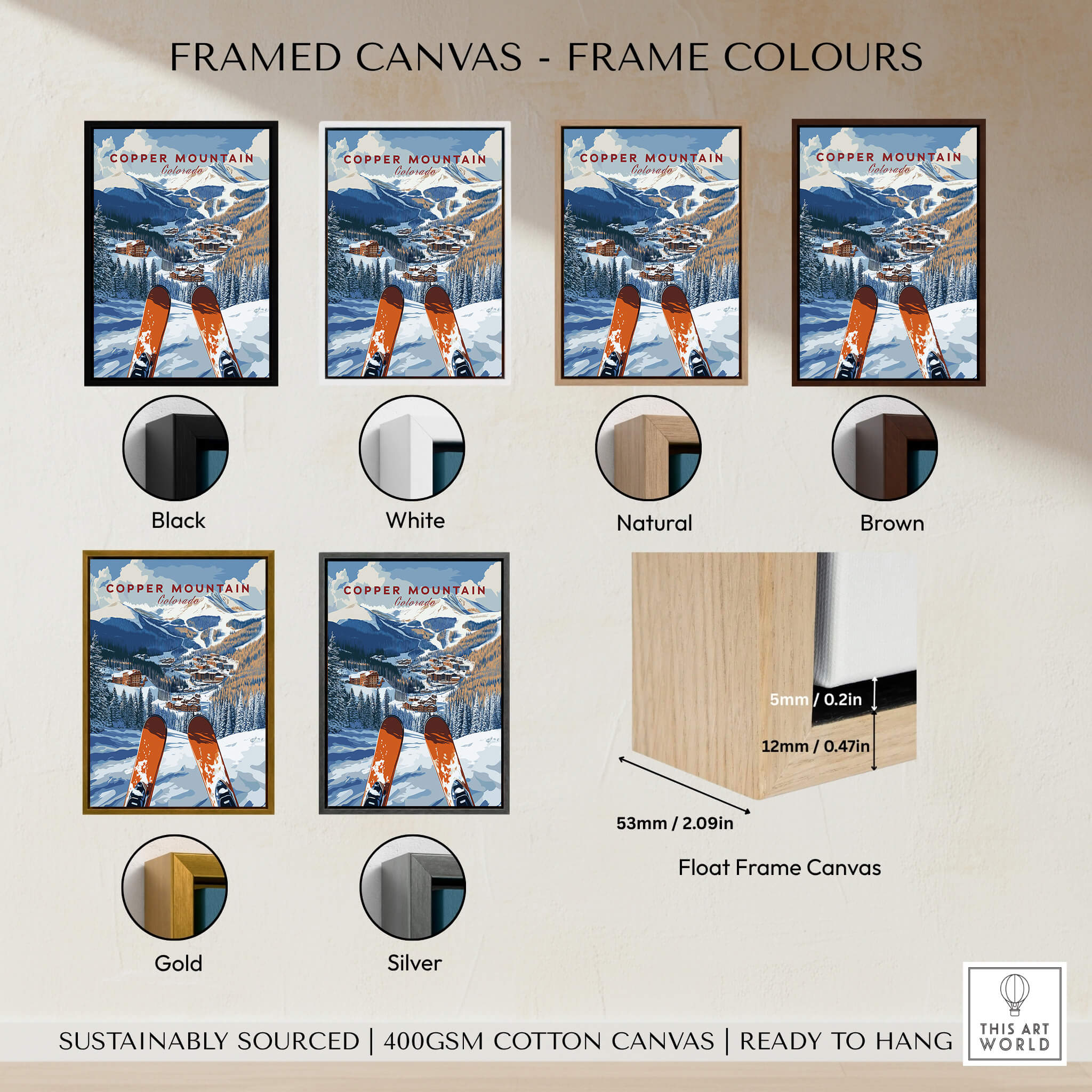 Copper Mountain Ski Poster – Winter Ski Village & Snowy Mountain Art framed canvas options in various colors.