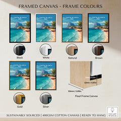 Framed canvas color options for Costa Blanca Spain Travel Art – Mediterranean Village & Turquoise Sea Landscape Poster.