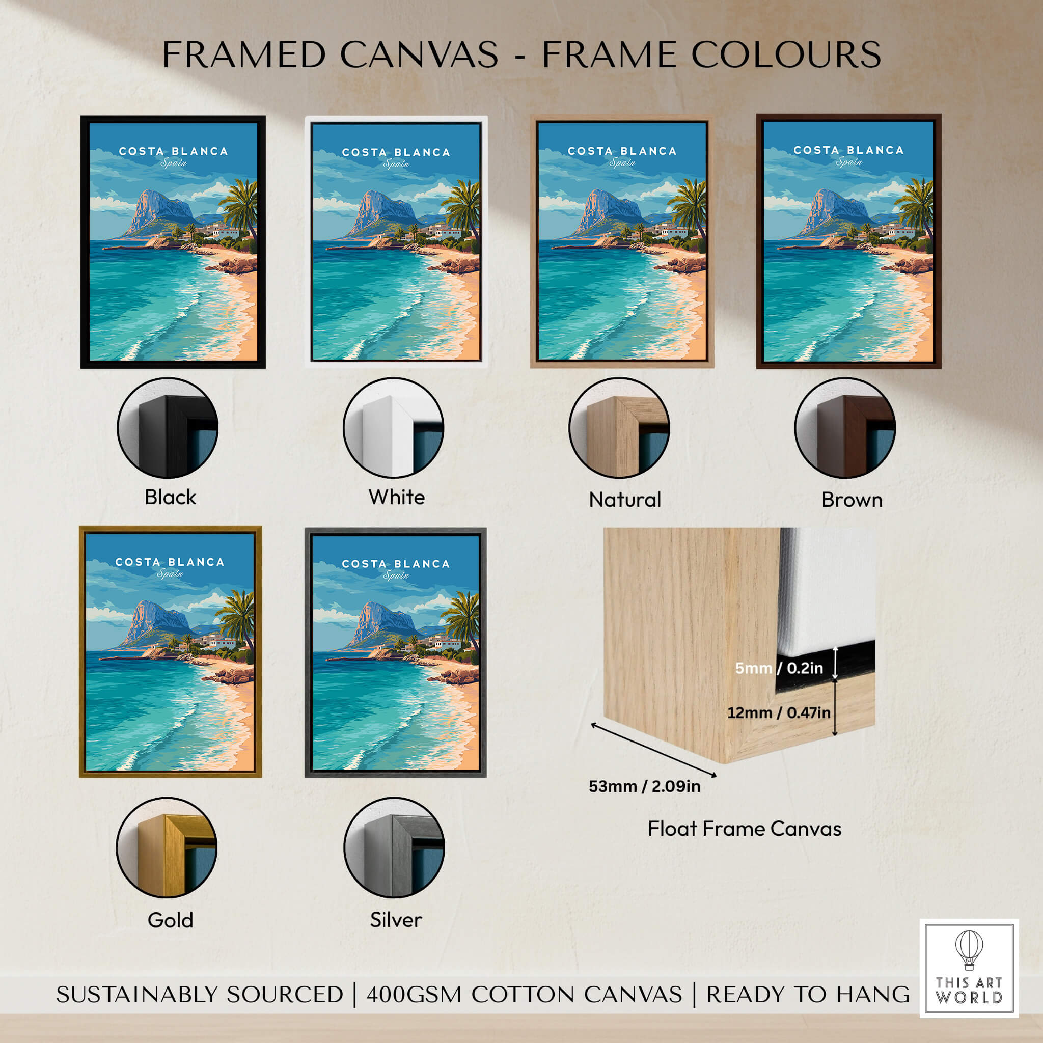 Framed canvas color options for Costa Blanca Spain Travel Art – Mediterranean Village & Turquoise Sea Landscape Poster.