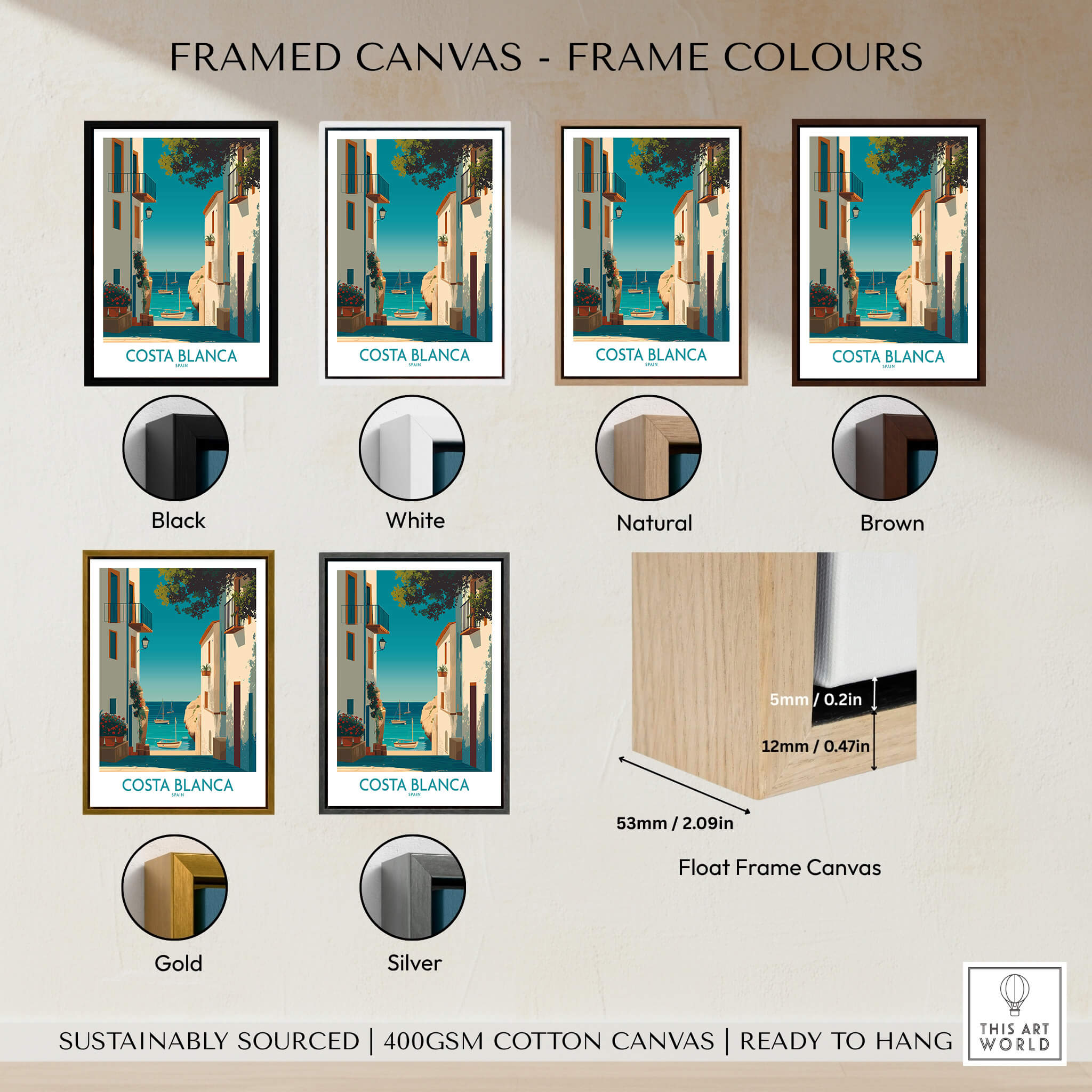 Costa Blanca Spain Wall Art Print - Spanish Village Artwork framed canvas options in various colors.