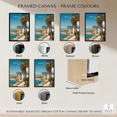 Framed canvas options displaying Costa Blanca Travel Poster - Spain Canvas Print in various colors including black, white, natural, brown, gold, and silver.