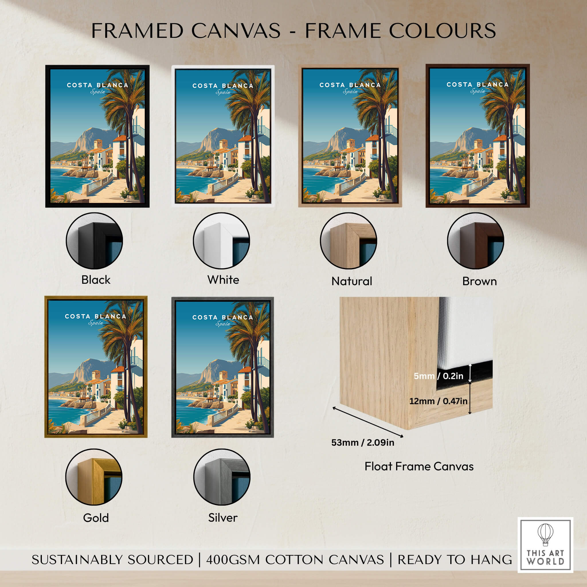 Framed canvas options displaying Costa Blanca Travel Poster - Spain Canvas Print in various colors including black, white, natural, brown, gold, and silver.