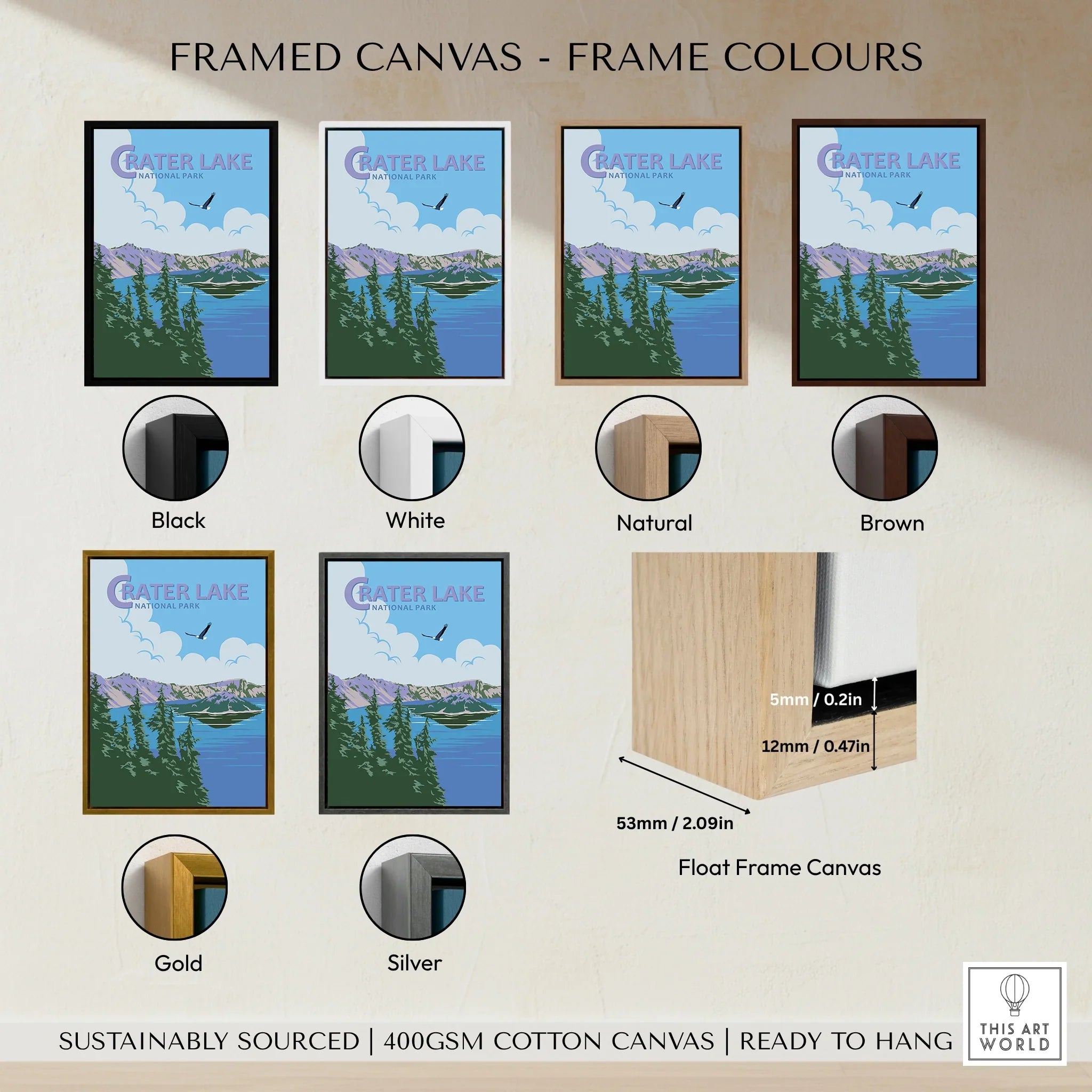 Framed canvas Crater Lake National Park poster with six frame color options: black, white, natural, brown, gold, silver.