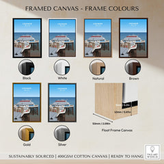 Cromer Travel Poster – Norfolk Pier & Pavilion Theatre Landmark Art framed canvas display options in various colors.