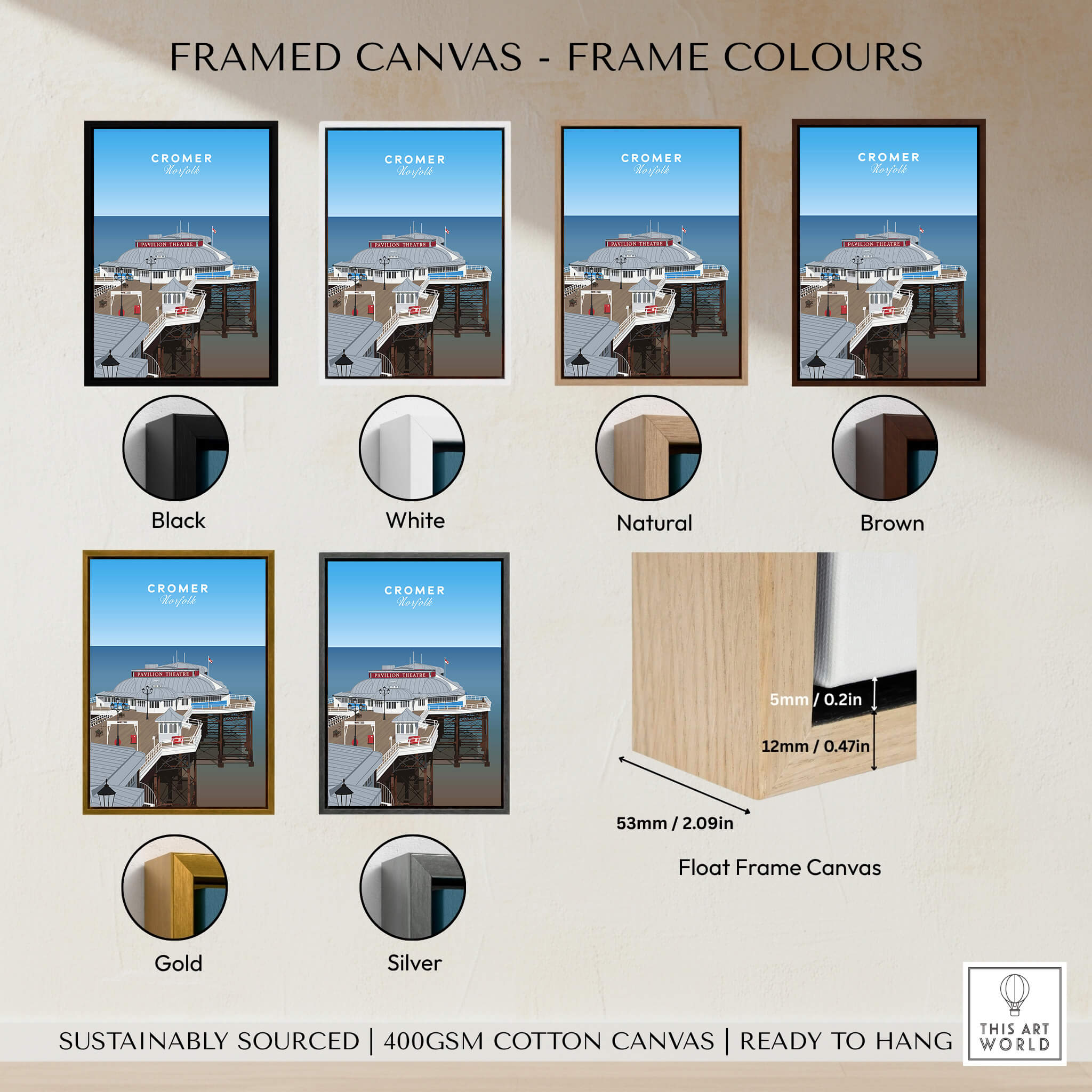 Cromer Travel Poster – Norfolk Pier & Pavilion Theatre Landmark Art framed canvas display options in various colors.