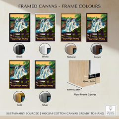 Cuyahoga Valley National Park waterfall canvas print with six frame color options: black, white, natural, brown, gold, and silver.