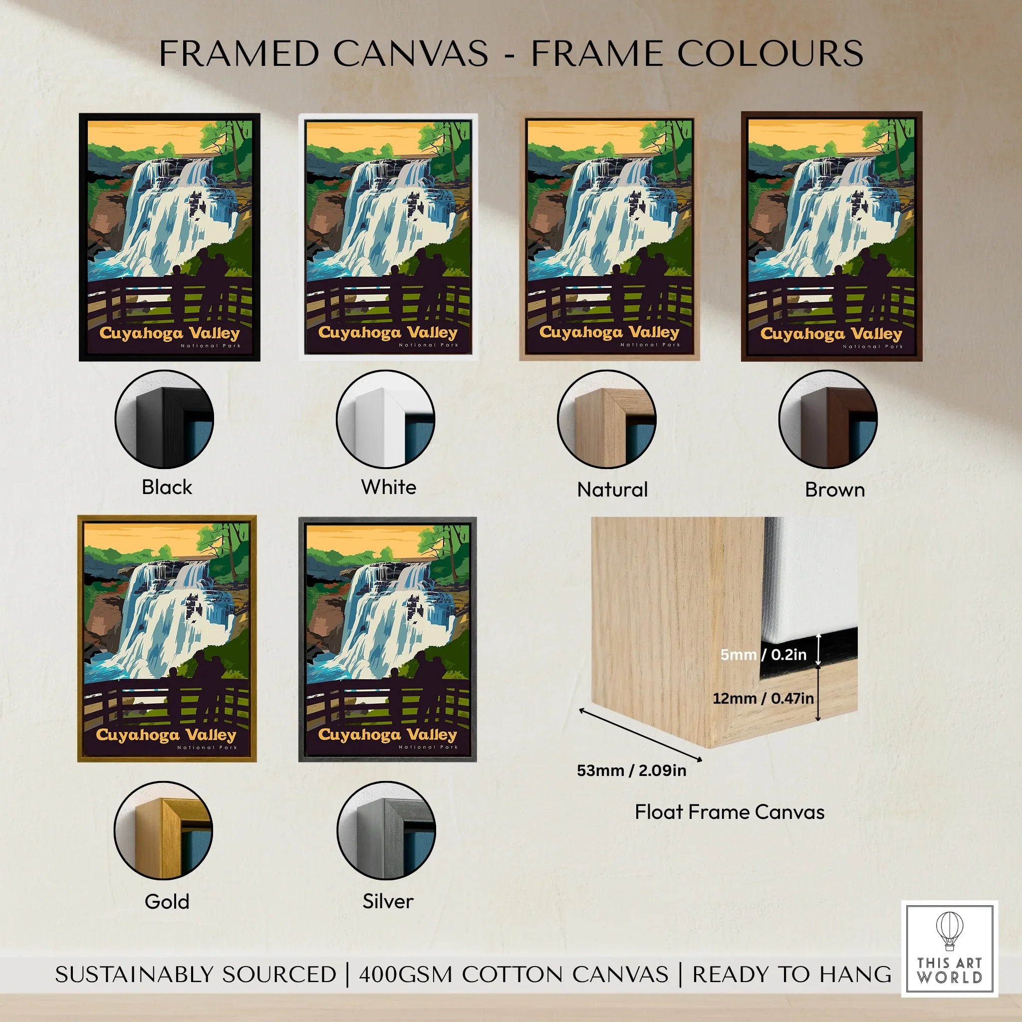 Cuyahoga Valley National Park waterfall canvas print with six frame color options: black, white, natural, brown, gold, and silver.