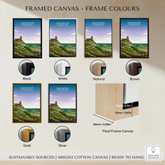 Framed Dartmoor National Park canvas print with six frame color options: black, white, natural, brown, gold, and silver, plus float frame detail.