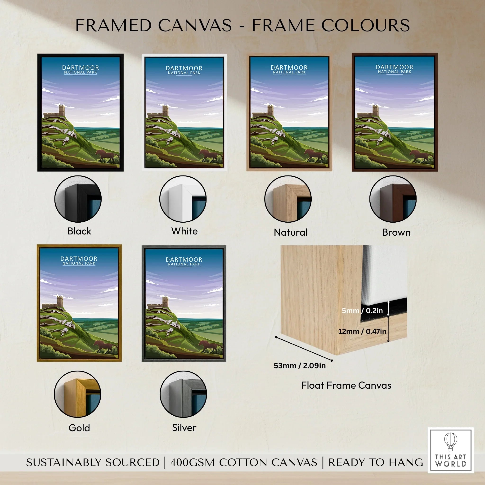 Framed Dartmoor National Park canvas print with six frame color options: black, white, natural, brown, gold, and silver, plus float frame detail.