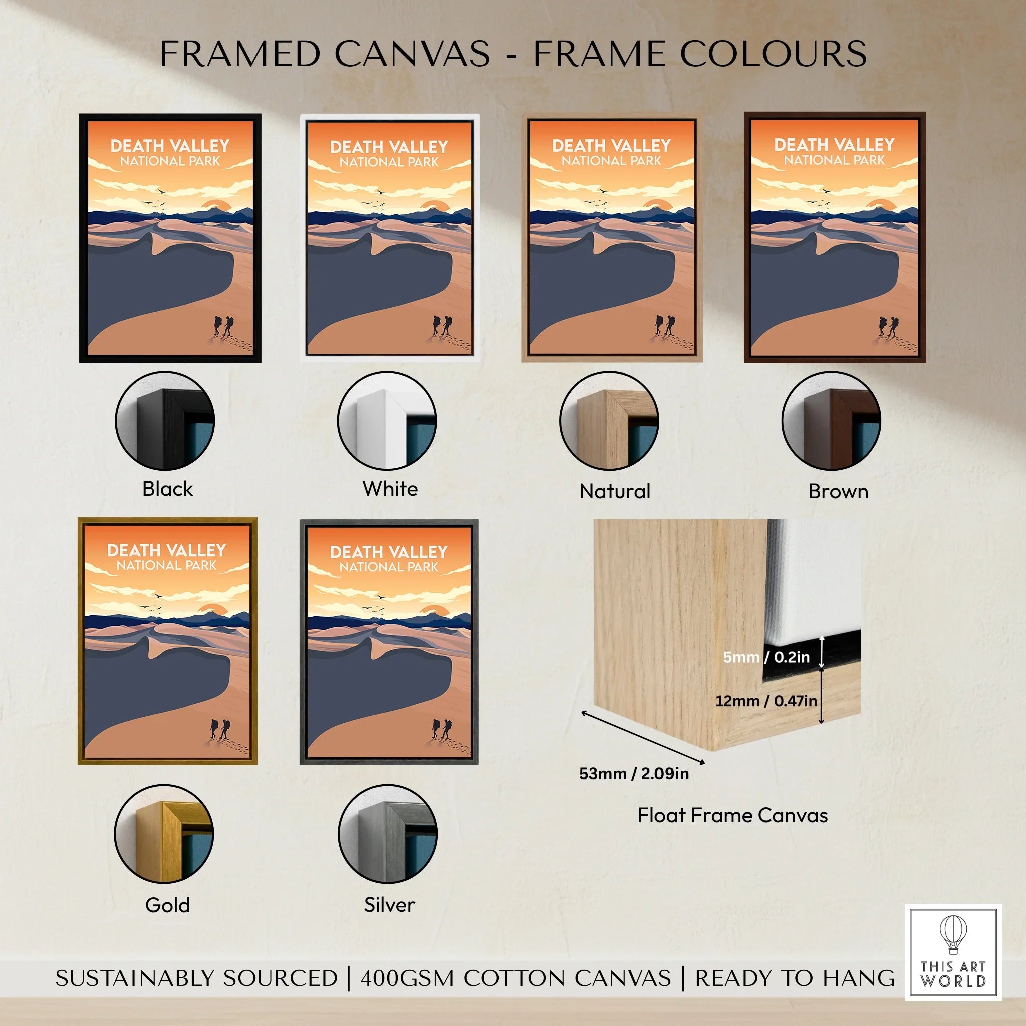 Death Valley National Park framed canvas print in six frame colors: black, white, natural, brown, gold, silver.